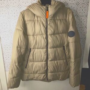 Zara Hooded Quilted Puffer Jacket in Tan